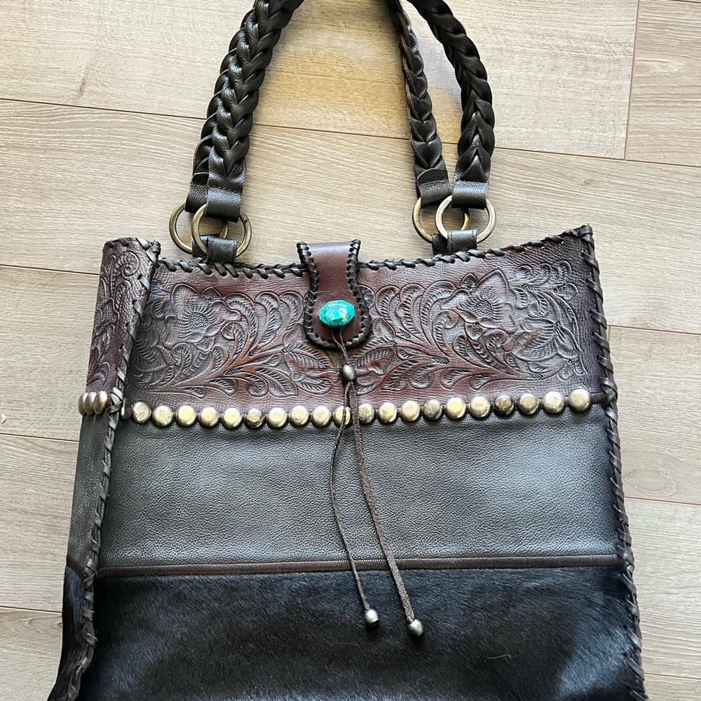 Paige Wallace designs acid washed Brown and Black Cowhide Leather Tote
